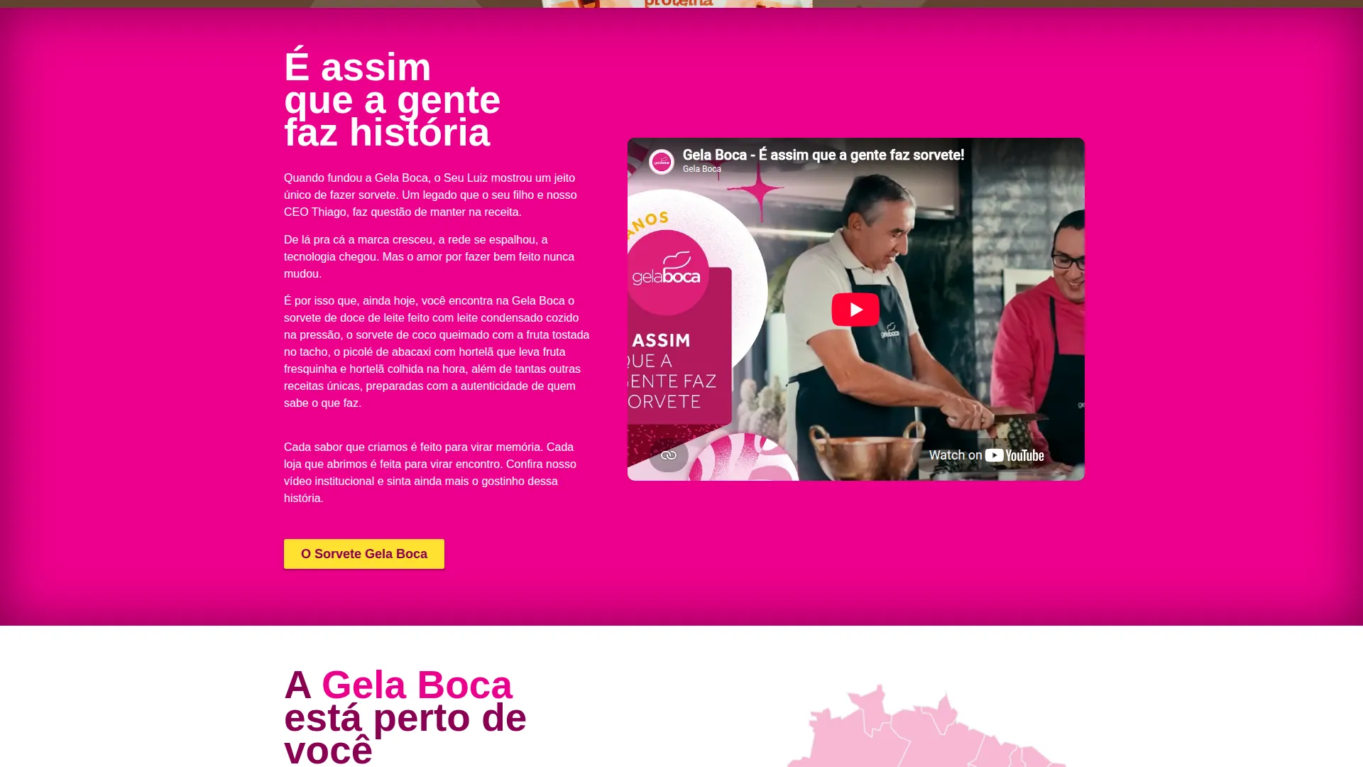 Tela do site da Gela Boca: A nossa história