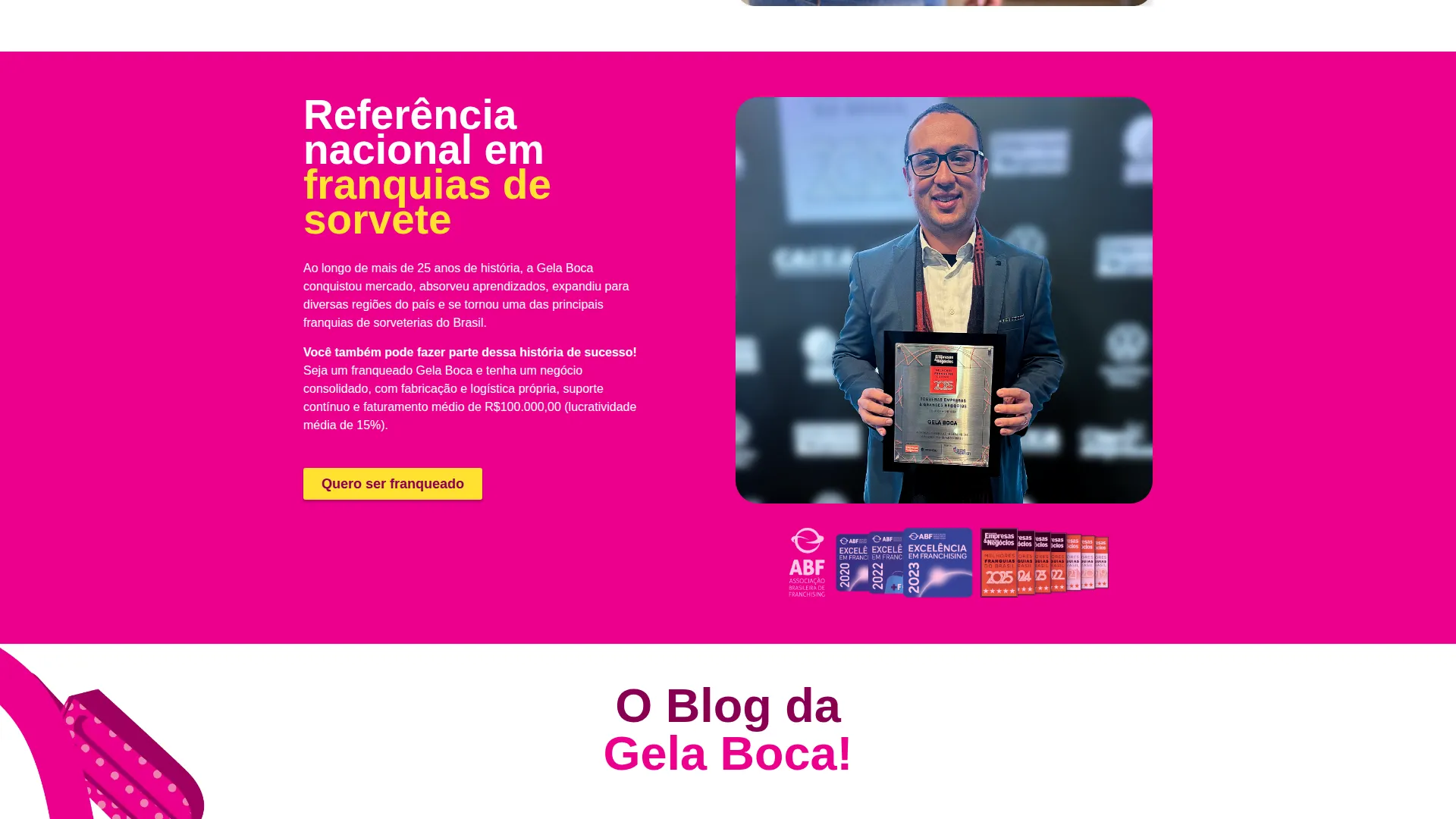 Tela do site da Gela Boca: Franquias