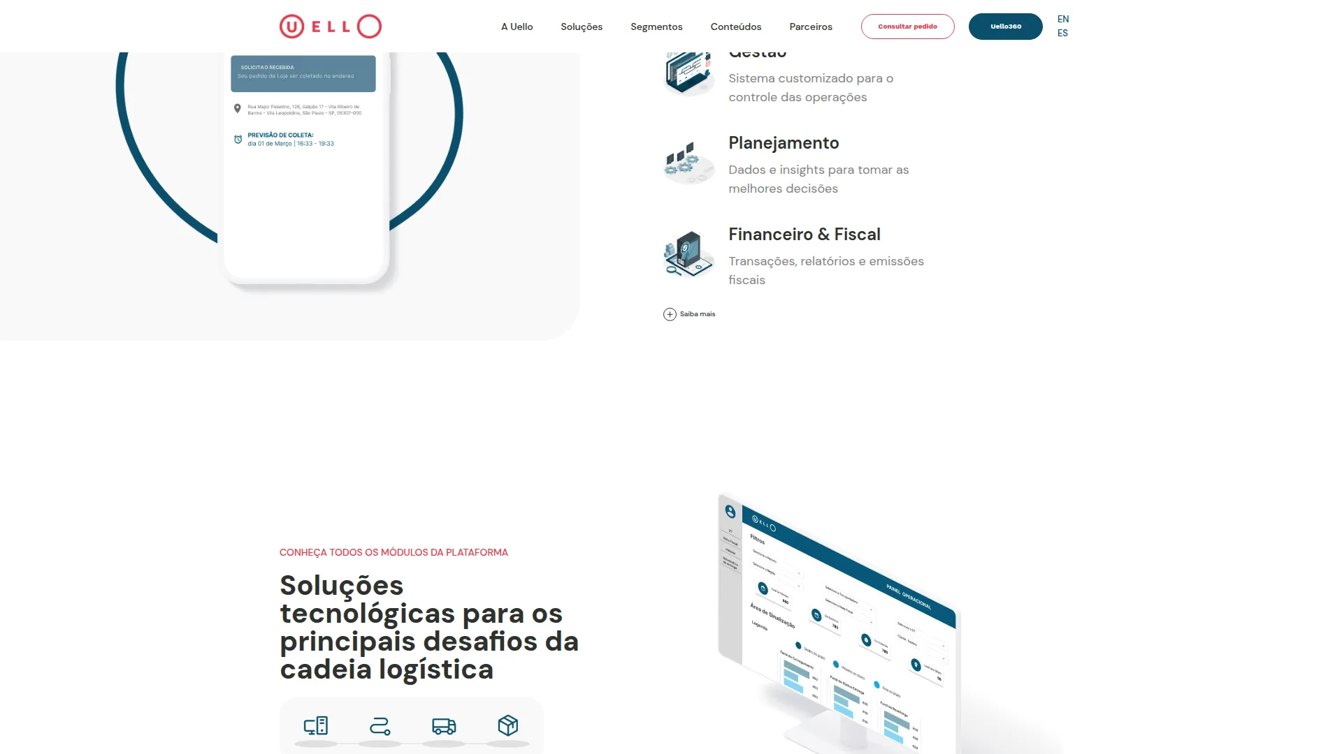 Tela do site da Uello: Para a cadeia logística